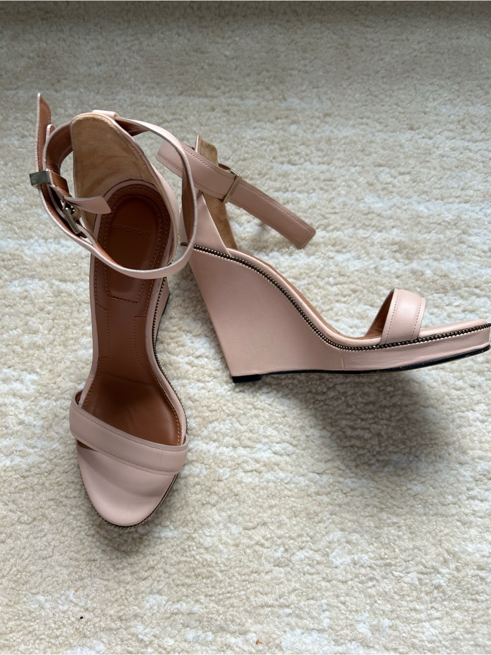 Givenchy Paris Beige Blush Leather Wedge Ankle Strap Sandals EU 37.5
